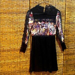 EUC A FULI Black Lined Lace butterfly tattoo, print dress S